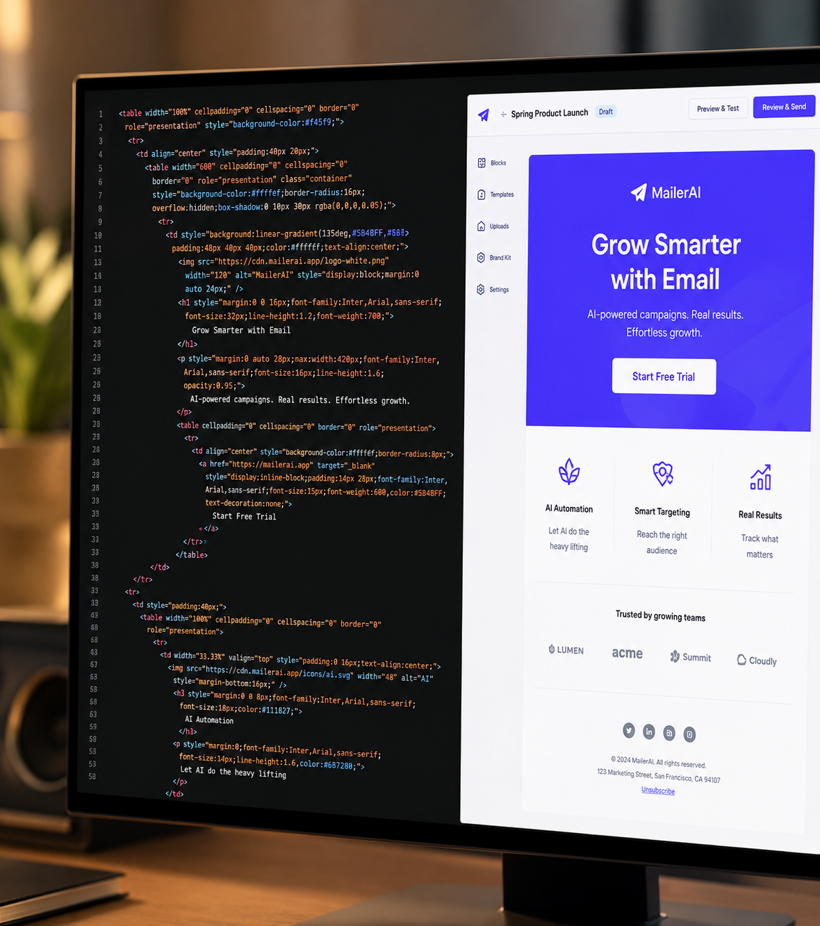 Split screen showing HTML email code on the left and a polished visual email preview on the right