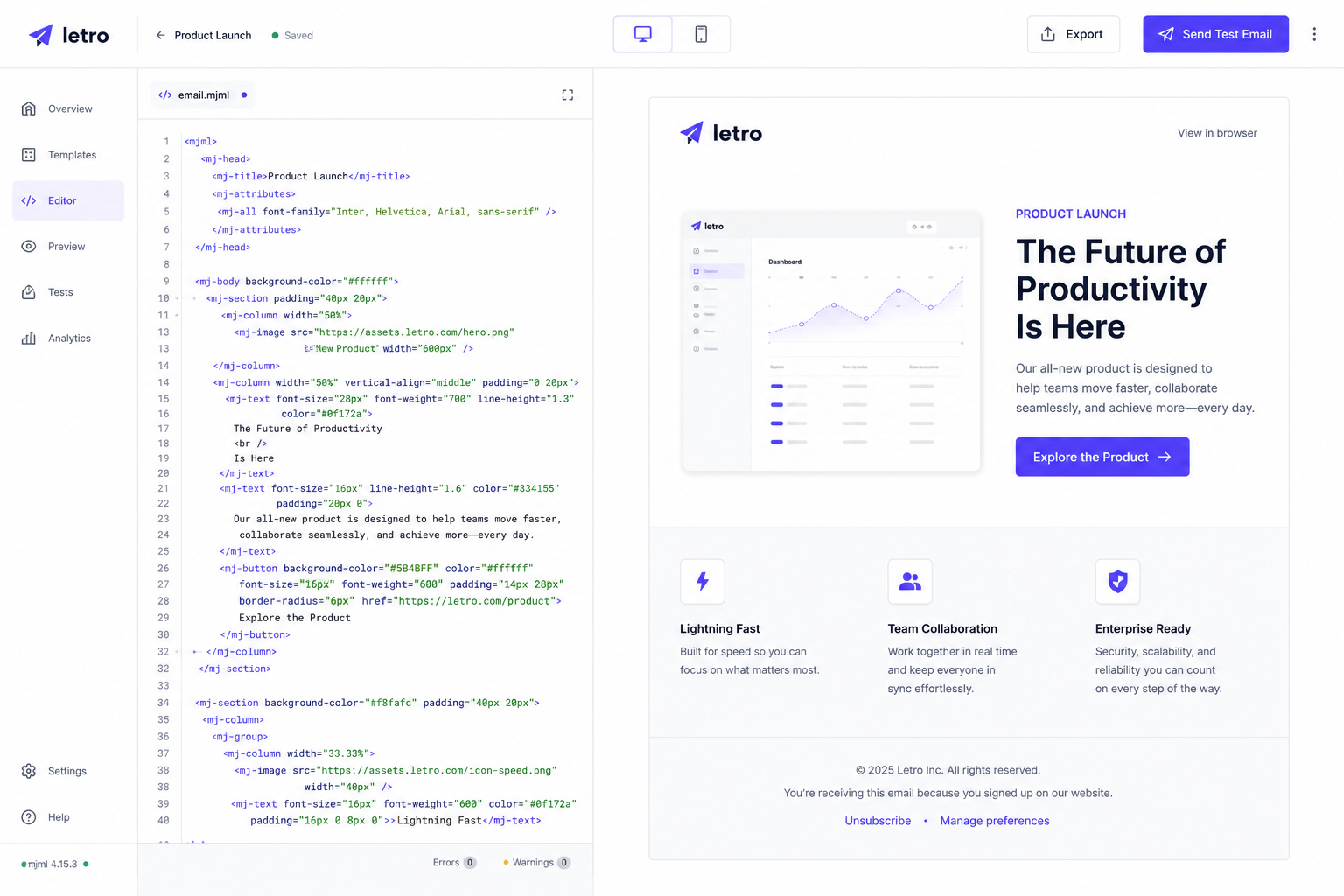 Letro MJML editor showing source code on the left and a live email preview on the right